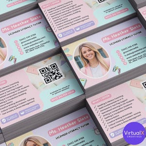May include: Business cards for Ms. Heather Slate, a licensed literacy tutor. The cards feature a photo of Ms. Slate, contact information, and a list of services offered, including reading and writing coaching. The design is pastel with a QR code.