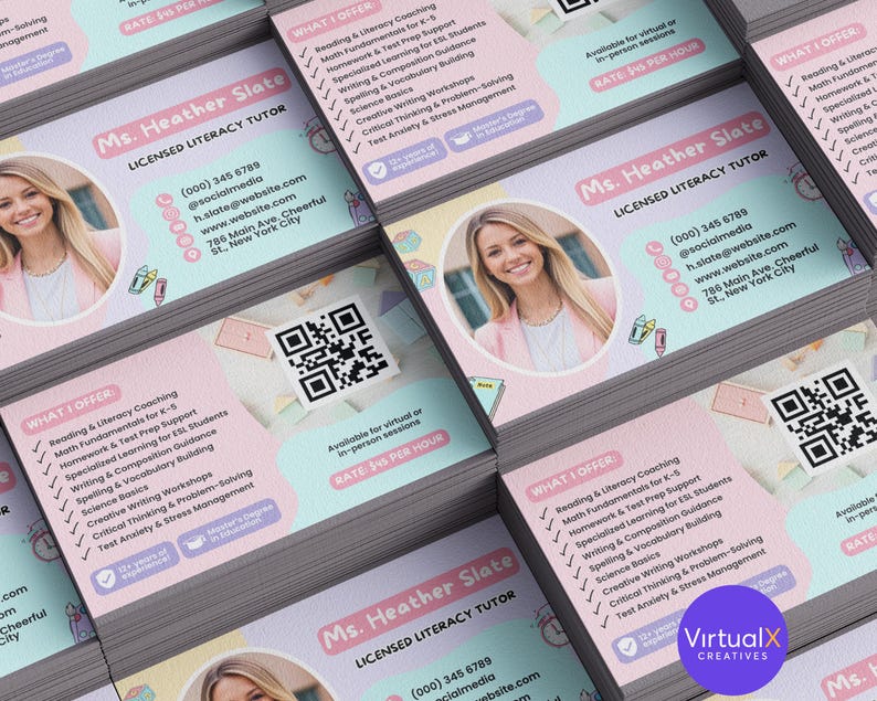 May include: Business cards for Ms. Heather Slate, a licensed literacy tutor. The cards feature a photo of Ms. Slate, contact information, and a list of services offered, including reading and writing coaching. The design is pastel with a QR code.
