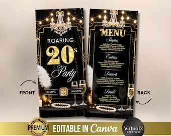 Roaring 20s Menu, Gatsby Theme, Harlem Renaissance, Speakeasy Party Template, Jazz Era Nights, Black Gold Birthday Food Menu