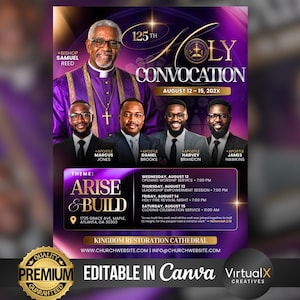 Op de afbeelding: Een paarse en gouden evenementenflyer voor de 125e Heilige Convocation met bisschop Samuel Reed en vier apostelen. De tekst bevat het thema Arise & Build, de data van 12-15 augustus 202X, locatiegegevens en een schema van de diensten.