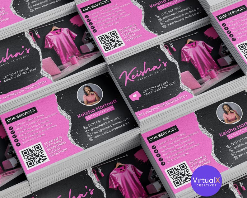 May include: A pile of business cards with a pink and black design. The cards feature the text "Keisha's Creative Studio" and include a QR code. The cards also display a photo of a woman and list services like custom t-shirt printing.