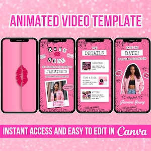 Modello video di invito modificabile Mean Girls, invito animato Burn Book, festa di compleanno ispirata a Mean Girls, video di addio al nubilato Pink Girl