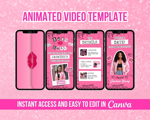 Burn Book Invitation Video Template, You Cant Sit With Us Animated Invite, Burn Book Inspired Birthday Party, Pink Girl Bachelorette Video
