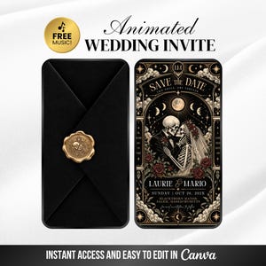 May include: An animated wedding invitation featuring a black envelope with a gold skull wax seal and a digital card displaying a gothic illustration of two skeletons kissing, surrounded by red roses, moon phases, and the text Laurie & Mario.