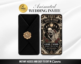 Tarrot Wedding Save the Date Invitation, Couple Halloween Animated Video, Editable Gothic Skeleton Invite Canva Template