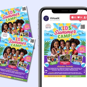 May include: A colorful flyer for a kids summer camp with a bright blue background, yellow sun, and white clouds. The flyer features a group of children with painted faces and the text "KIDS Summer CAMP!" in a white box with a rainbow and the words "BRIGHT KIDS" in the top left corner. The flyer also includes the dates "MAY 29-31 SATURDAY" and a QR code. The flyer lists activities such as "Adventure Canyon", "Ancient Forest Grove", and "Riverside Picnic Area".