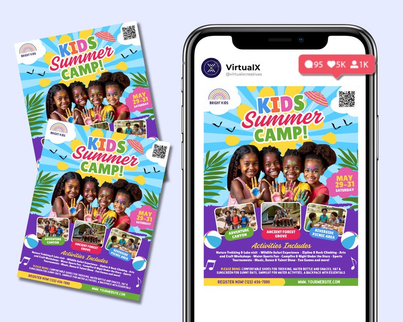 May include: A colorful flyer for a kids summer camp with a bright blue background, yellow sun, and white clouds. The flyer features a group of children with painted faces and the text "KIDS Summer CAMP!" in a white box with a rainbow and the words "BRIGHT KIDS" in the top left corner. The flyer also includes the dates "MAY 29-31 SATURDAY" and a QR code. The flyer lists activities such as "Adventure Canyon", "Ancient Forest Grove", and "Riverside Picnic Area".