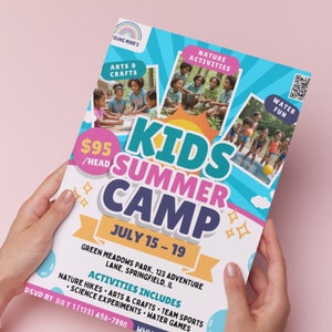 May include: A colorful flyer for a kids summer camp. The flyer features a blue background with a sun, clouds, and stars. The text "Kids Summer Camp" is in large, bold letters. The flyer also includes photos of children participating in various activities, such as arts and crafts, nature hikes, and water fun. The camp is located at Green Meadows Park, 123 Adventure Lane, Springfield, IL. The cost of the camp is $95 per head. The flyer includes a QR code and the text "RSVP by July 1 (123) 456-7890".