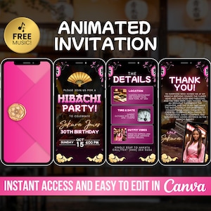 May include: Animated invitation design on smartphones, featuring a pink and gold color scheme. The invitation is for a Hibachi Party, with details including the date, time, location, and outfit suggestions. The design includes the text "Instant Access and Easy to Edit in Canva."