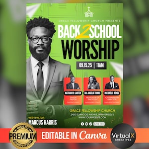 May include: A promotional poster for a Back 2 School Worship event. The poster features a man in a suit, the event details, and the names of the speakers. The background is green with a church logo at the top.
