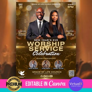 Peut inclure: Une affiche pour une célébration de service de culte du Nouvel An à l'église Grace of Life. L'affiche présente un fond doré avec une image en noir et blanc d'une église. Le texte sur l'affiche comprend la date, l'heure et le lieu de l'événement, ainsi que les noms des conférenciers invités. L'affiche comprend également un code QR pour RSVP.
