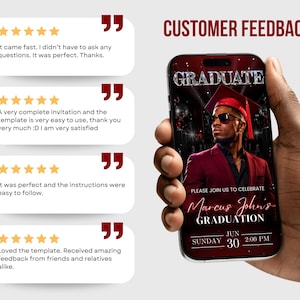 May include: A smartphone displays a graduation invitation with a photo of a graduate in a red cap and gown. The invitation includes the graduate's name, date, and time. Customer feedback is shown on the left.