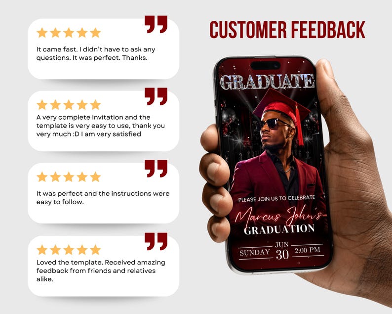 May include: A smartphone displays a graduation invitation with a photo of a graduate in a red cap and gown. The invitation includes the graduate's name, date, and time. Customer feedback is shown on the left.