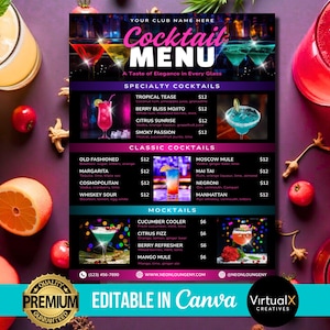 Volante de menú de cócteles, volante rosa editable, volante de barman, cartel de happy hour, menú de bebidas de autor, volante de mixólogo, plantilla de menú de bar