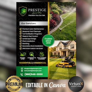 May include: A promotional flyer for Prestige Lawn Pro, with a green and black design and gold accents. The flyer lists lawn care services, contact information, and includes images of a sprinkler system, a house, and a riding lawnmower.