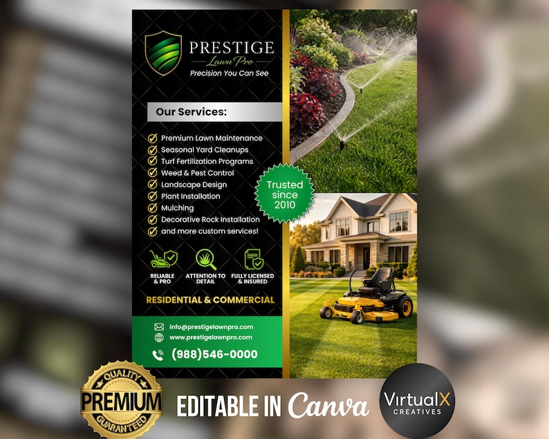 May include: A promotional flyer for Prestige Lawn Pro, with a green and black design and gold accents. The flyer lists lawn care services, contact information, and includes images of a sprinkler system, a house, and a riding lawnmower.