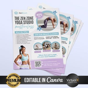 Flyer för yogaklass, flygblad för yogastudio, flygblad för yogainstruktör, flygblad för meditation, mall för yogafitness-mästarklass, andligt välbefinnande, Canva bild 4