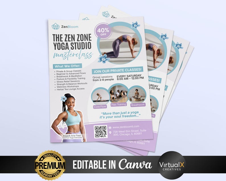 Flyer för yogaklass, flygblad för yogastudio, flygblad för yogainstruktör, flygblad för meditation, mall för yogafitness-mästarklass, andligt välbefinnande, Canva bild 4