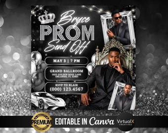Prom Send Off Invitation Template, Black Silver Glam Prom Flyer, Luxury Party Invitation, Editable Graduation Send Off Canva Digital Invite