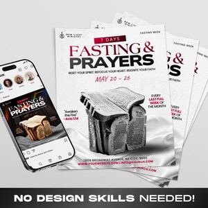 May include: A promotional image for a religious event. The image features a smartphone displaying an Instagram post and several flyers. The flyers have the text "FASTING & PRAYERS" and event details. The image also includes the text "NO DESIGN SKILLS NEEDED!"