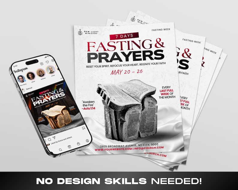 May include: A promotional image for a religious event. The image features a smartphone displaying an Instagram post and several flyers. The flyers have the text "FASTING & PRAYERS" and event details. The image also includes the text "NO DESIGN SKILLS NEEDED!"