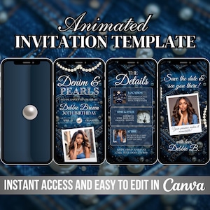 Peut inclure: Modèle d'invitation animée pour une fête d'anniversaire de 30 ans sur le thème du jean et des perles. L'invitation présente un fond en jean bleu avec des accents de perles. Le texte "Denim & Pearls" est affiché en blanc avec une bordure de perles. L'invitation comprend également le nom de la personne fêtée, son âge et la date de la fête. Le texte "Save the date & see you there!" est affiché en blanc avec une bordure de perles. L'invitation comprend également une section pour les détails, tels que le lieu, l'heure et la date de la fête. Le texte "with love Debbie B." est affiché en blanc avec une bordure de perles.