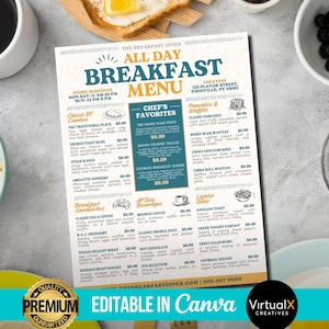 Puede incluir: Un menú azul y blanco para un restaurante de desayunos llamado "The Breakfast Diner". El menú ofrece una variedad de artículos para el desayuno, que incluyen combos clásicos de desayuno, favoritos del chef, panqueques y waffles, acompañamientos más ligeros y bebidas durante todo el día. El menú también incluye la ubicación del restaurante y el horario de atención.