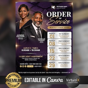Può includere: Un volantino promozionale per Glory Light Ministries, con Jasmine Baldwin e Marcus Harris. Il design viola e oro include orari dei servizi, date e un elenco di eventi per marzo. Il volantino è etichettato "Editable in Canva."