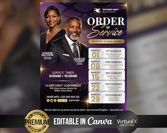Folleto del Orden del Servicio de la Iglesia, Calendario del Ministerio, Próximos Eventos, Culto Dominical, Plantilla de Programa de Eventos Mensuales y Semanales, Canva