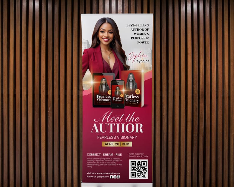 Puede incluir: Un banner promocional con la autora Sophia Reynolds. El banner incluye el texto "Best-Selling Author of Women's Purpose & Power" y "Meet the Author". Tambi&eacute;n muestra la portada del libro y un tel&eacute;fono inteligente con la portada del libro en la pantalla.