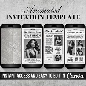 May include: A black and white animated digital invitation template for a 30th birthday party. The invitation features a newspaper design with the headline "The Birthday Times" and the text "ATASHA IS TURNING 30!" The invitation also includes a photo of the birthday girl, a QR code, and the text "Time to celebrate! Let's make memories together!"