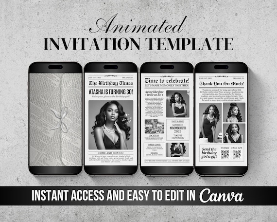 Birthday Newspaper Invitation, Editable Newspaper Themed Birthday Invite, Digital Newspaper, Animated Birthday Dinner Invite, DIY Canva