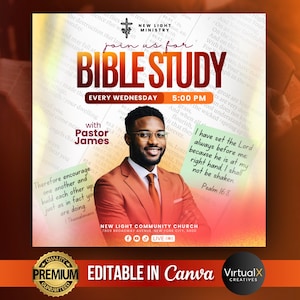 Può includere: Una grafica promozionale per un evento di studio biblico. Il design presenta il testo "Bible Study" a caratteri grandi, l'ora e il giorno, e una foto del pastore James. Lo sfondo è una sfumatura di arancione e giallo.