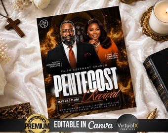 Pentecost Sunday Flyer Template | Holy Spirit Church Service Poster | Editable Canva Worship Event Program | Fire Revival | Digital Download