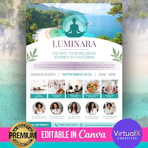 Op de afbeelding: Een flyer voor een Women's Wellness Retreat in Californi&euml; genaamd Luminara. De flyer toont een strandscene met een vrouw die mediteert in een lotuspose. De retraite vindt plaats van 20 tot 22 september, van 9 uur 's ochtends tot 4 uur 's middags. De flyer vermeldt de namen en titels van de instructeurs van de retraite.