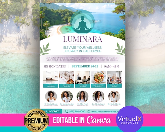 Women's Wellness Retreat Flyer, Holistic Workshop Template, Yoga Retreat Printable, Reiki Sessions, Mindfulness Retreat, DIY Canva Editable