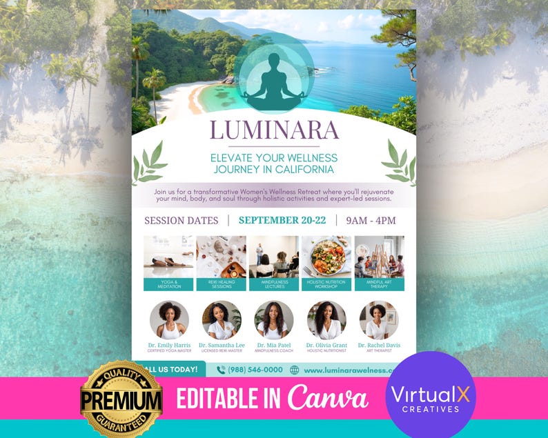 Op de afbeelding: Een flyer voor een Women's Wellness Retreat in Californi&euml; genaamd Luminara. De flyer toont een strandscene met een vrouw die mediteert in een lotuspose. De retraite vindt plaats van 20 tot 22 september, van 9 uur 's ochtends tot 4 uur 's middags. De flyer vermeldt de namen en titels van de instructeurs van de retraite.