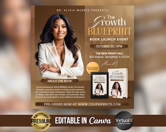 Folleto para evento de lanzamiento de libro / Invitación a fiesta de lanzamiento de libro de autor / Plantilla de folleto para evento empresarial / Diseño moderno editable de Canva para lanzamiento de libro electrónico