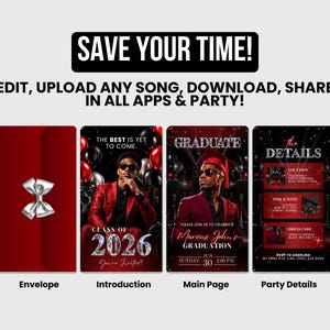 May include: A graduation invitation template with a red and black theme. The design includes an envelope, introduction, main page, and party details. The text includes "SAVE YOUR TIME!" and "CLASS OF 2026".