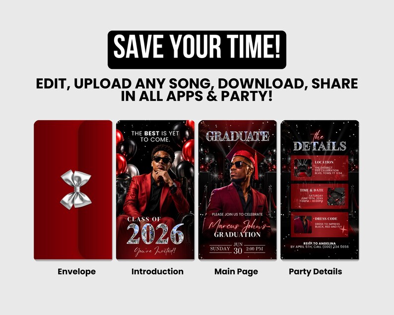 May include: A graduation invitation template with a red and black theme. The design includes an envelope, introduction, main page, and party details. The text includes "SAVE YOUR TIME!" and "CLASS OF 2026".