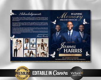 4 Page Funeral Program, In Loving Memory, Obituary, Rest In Peace, Celebration of Life, Bi-Fold Funeral Program Template for Men Women DIY