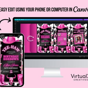May include: A pink and black birthday invitation with a cowhide pattern and a pink cowboy hat. The text reads "Yee-Haw Birthday Hoedown" and includes the name "Ana Jones" and the date "February 28th".