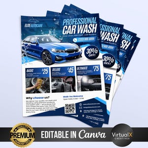 May include: A stack of blue and white flyers promoting a professional car wash service. The flyers feature a blue car, service prices, and the text "PROFESSIONAL CAR WASH." The flyers also include a 30% off promotion.