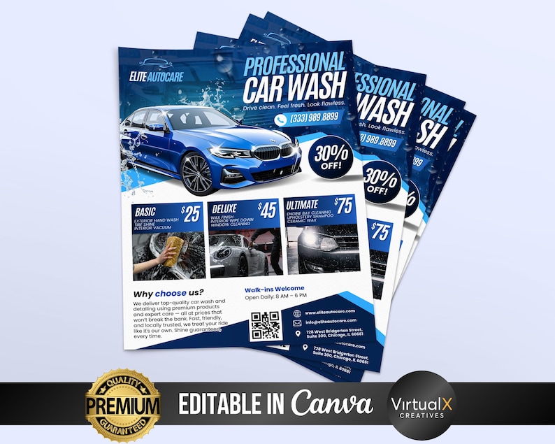 May include: A stack of blue and white flyers promoting a professional car wash service. The flyers feature a blue car, service prices, and the text "PROFESSIONAL CAR WASH." The flyers also include a 30% off promotion.