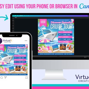 May include: A social media post template for a cruise tour. The template features a pink and blue color scheme with a cruise ship, palm trees, and a beach scene. The text on the template reads "Discover Paradise Cruise Tour" and includes the dates and itinerary for the cruise. The template is designed to be easily edited using a phone or browser in Canva.