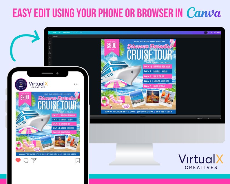 May include: A social media post template for a cruise tour. The template features a pink and blue color scheme with a cruise ship, palm trees, and a beach scene. The text on the template reads "Discover Paradise Cruise Tour" and includes the dates and itinerary for the cruise. The template is designed to be easily edited using a phone or browser in Canva.