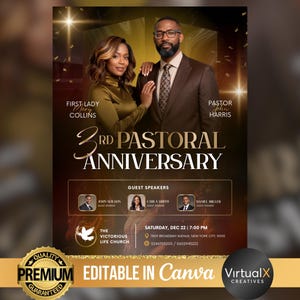 May include: A promotional poster for the 3rd Pastoral Anniversary, featuring a couple in formal attire. The poster includes the text "First Lady Mary Collins" and "Pastor John Harris." Additional text includes "Guest Speakers," event details, and the church name.