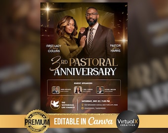 Folleto de aniversario pastoral, folleto de evento de la iglesia, plantilla de agradecimiento al pastor, servicio religioso cristiano, orador invitado, aniversario de la iglesia