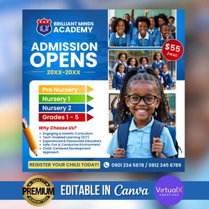 Può includere: Grafica promozionale per Brilliant Minds Academy, con il testo "Admission Opens" e un elenco di livelli scolastici. Include immagini di studenti sorridenti e una grafica a matita. La grafica è modificabile in Canva.