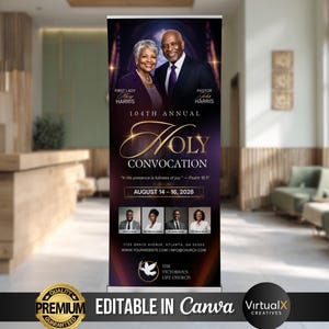May include: A vertical banner advertising the 104th Annual Holy Convocation, with images of a man and woman. The banner includes the text "Holy Convocation" in gold script, event dates, and church contact details. The banner is in a room with a wooden reception desk and green chairs.
